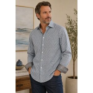 Christian Aujard Paris Mens Large Blue Grey Check Paisley Trim Button Down Shirt